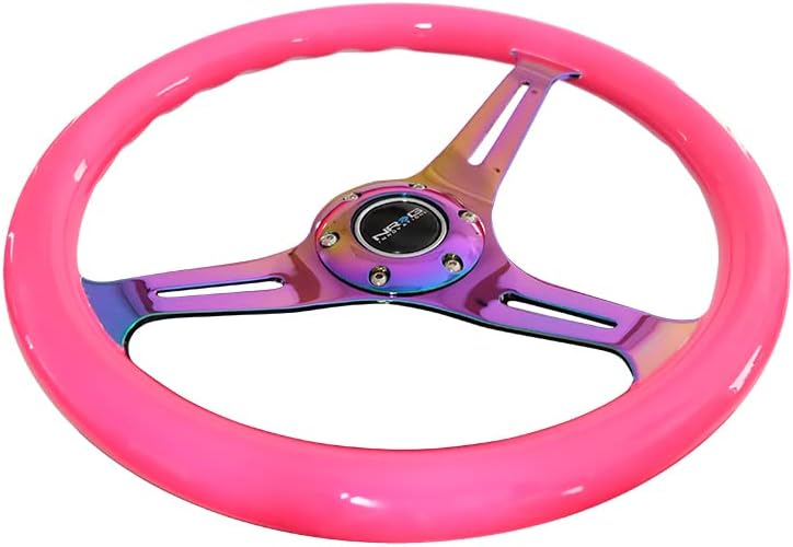NRG Innovations NRG-ST-015MC-NPK Classic Wood Grain Steering Wheel, 350mm 3 Neochrome Spokes-Neon Pink Color