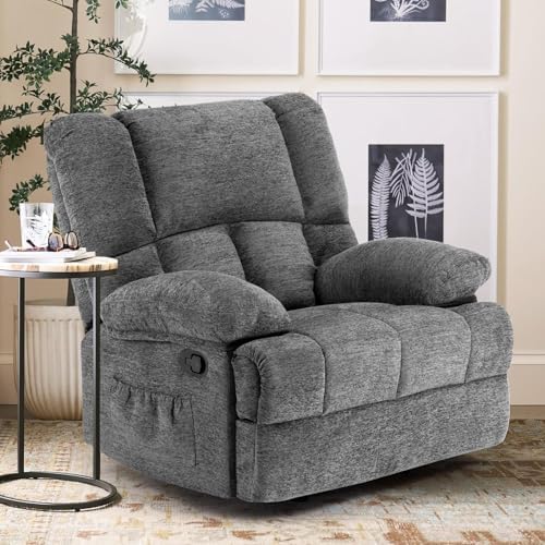 Oversized Rocker Recliner Chair, Wide Manual Recliner with Adjustable Backrest & Footrest, Comfortable Rocking Reclining Sofa for Living Room & Bedroom, Gray