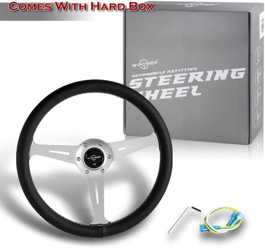 W-Power, 14' Universal 350mm 6 Bolt Hole Aluminum Polished Classic Black Leather Trim Steering Wheel, Black Horn Button JDM Euro VIP Style, 3-Spoke (Black Leather Grip - Silver Center)