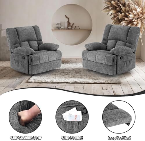 Oversized Rocker Recliner Chair, Wide Manual Recliner with Adjustable Backrest & Footrest, Comfortable Rocking Reclining Sofa for Living Room & Bedroom, Gray