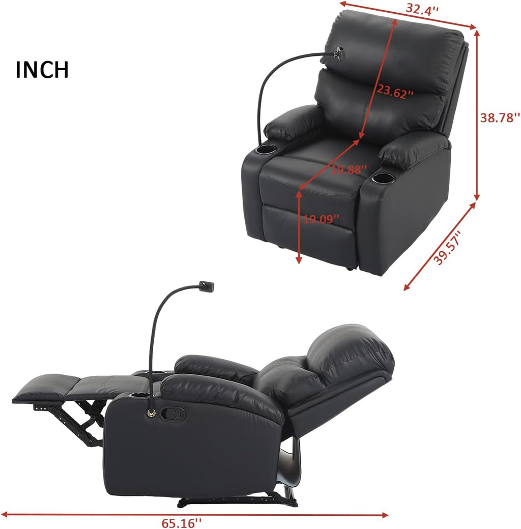 Recliner Chair, Oversized Reclining Chair with Phone Holder & 2 Cup Holders, Leather Wide Rocker Chair for Adults, Single Reclining Sofa Recliner for Living Room, Office, Theater Seating