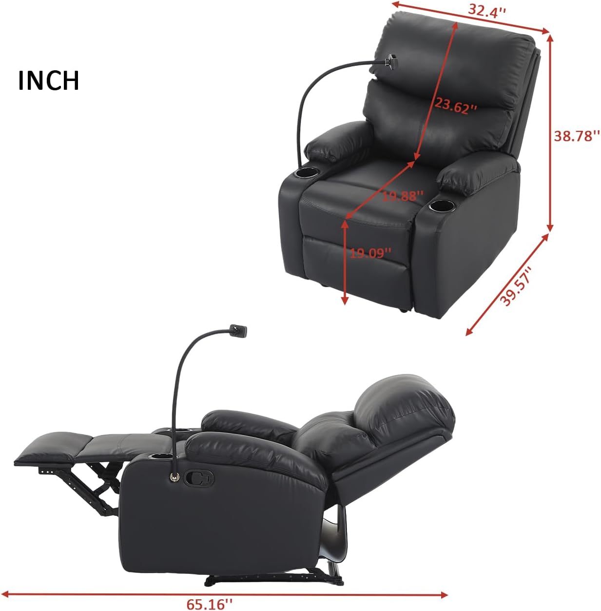 Recliner Chair, Oversized Reclining Chair with Phone Holder & 2 Cup Holders, Leather Wide Rocker Chair for Adults, Single Reclining Sofa Recliner for Living Room, Office, Theater Seating