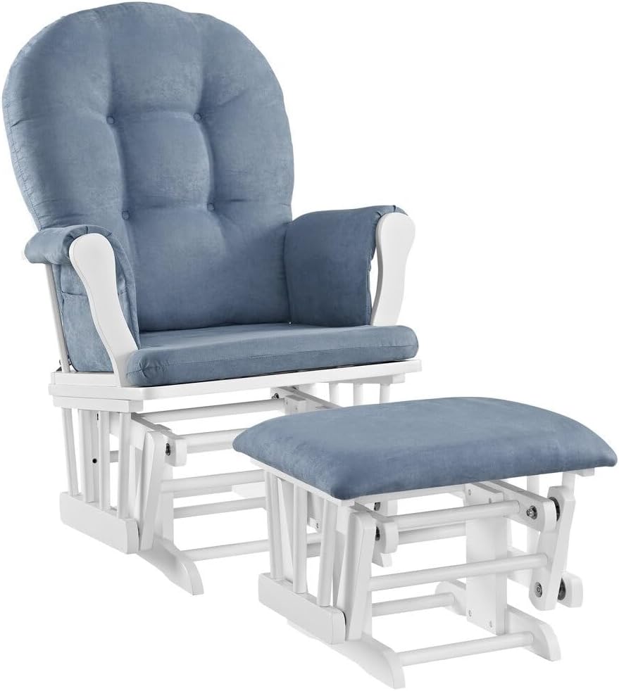 HomeStock Glider and Ottoman Set - Padded Arms, Storage Pockets, Metal Bearings White and Blue