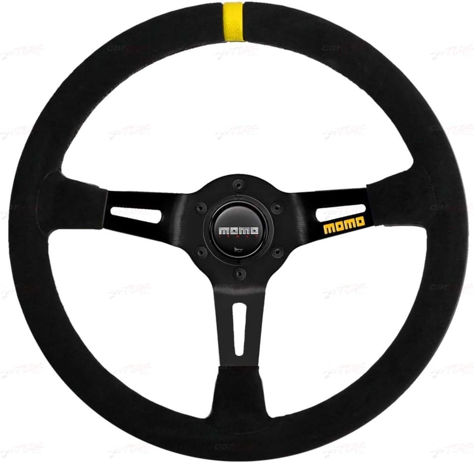 MOMO Motorsport MOD.08 Suede Racing Steering Wheel – 350mm, 88mm Deep Dish, Yellow Horn, 3-Spoke with Cutouts, 6-Bolt Aluminum Frame – Authentic MOMO Italian Aftermarket Wheel. Hub Adapter Required