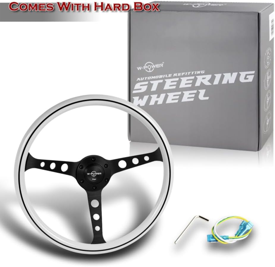 W-Power, 15' Reinforced 380mm 6 Bolt Hole Aluminum Finised White Wood Grain Trim Steering Wheel, Black Horn Button JDM Euro VIP Style, 3' Deep (White Wood Grain/Matt Black Spoke)