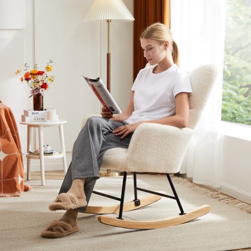 Rocking Chair Nursery, Teddy Upholstered Glider Rocker with High Backrest, Reading Chair Modern Rocking Accent Chairs Glider Recliner for Living Room, Nursery, Bedroom (Beige)