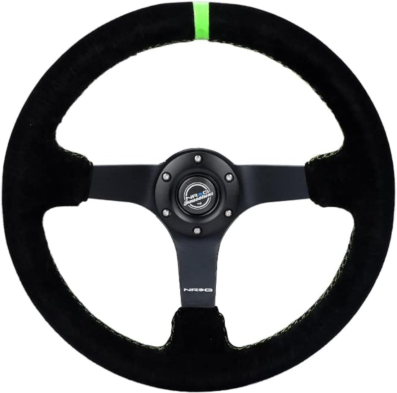 NRG Innovations NRG-RST-036MB-S-GN Reinforced Steering Wheel 3' Deep, 5mm Matte Black Spoke, 350mm, Black Suede with Neon Green Baseball Stitching/Center Mark