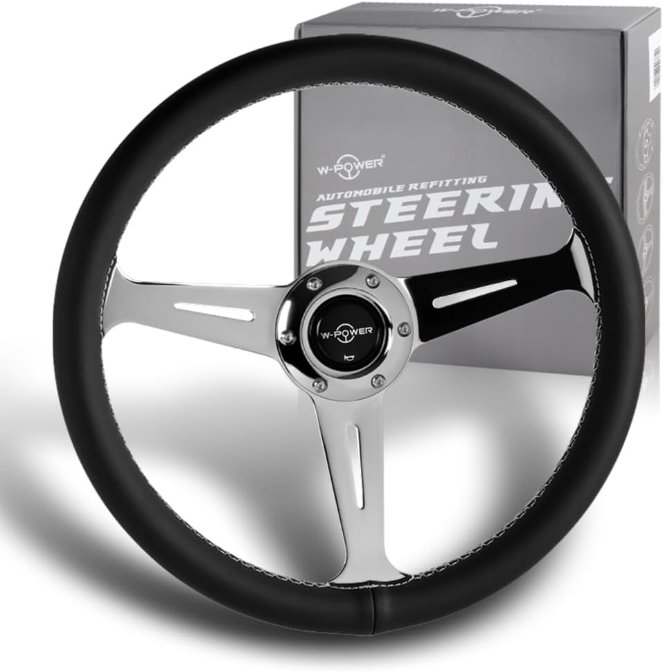 W-Power, 14' Universal 350mm 6 Bolt Hole Aluminum Polished 'Galaxy' Wood Grain Trim Steering Wheel, 3-Spoke, Black Horn Button JDM VIP Style (Black Leather Grip - Chrome Center)