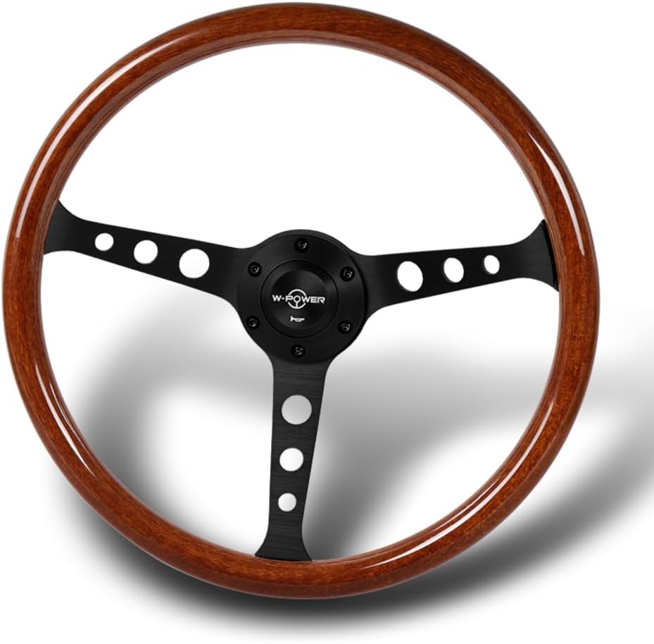 W-Power, 15' Reinforced 380mm 6 Bolt Hole Aluminum Finised Brown Wood Grain Trim Steering Wheel, Black Horn Button JDM Euro VIP Style, 3' Deep (Brown Wood Grain/Matt Black Spoke)