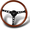 W-Power, 15' Reinforced 380mm 6 Bolt Hole Aluminum Finised Brown Wood Grain Trim Steering Wheel, Black Horn Button JDM Euro VIP Style, 3' Deep (Brown Wood Grain/Matt Black Spoke)