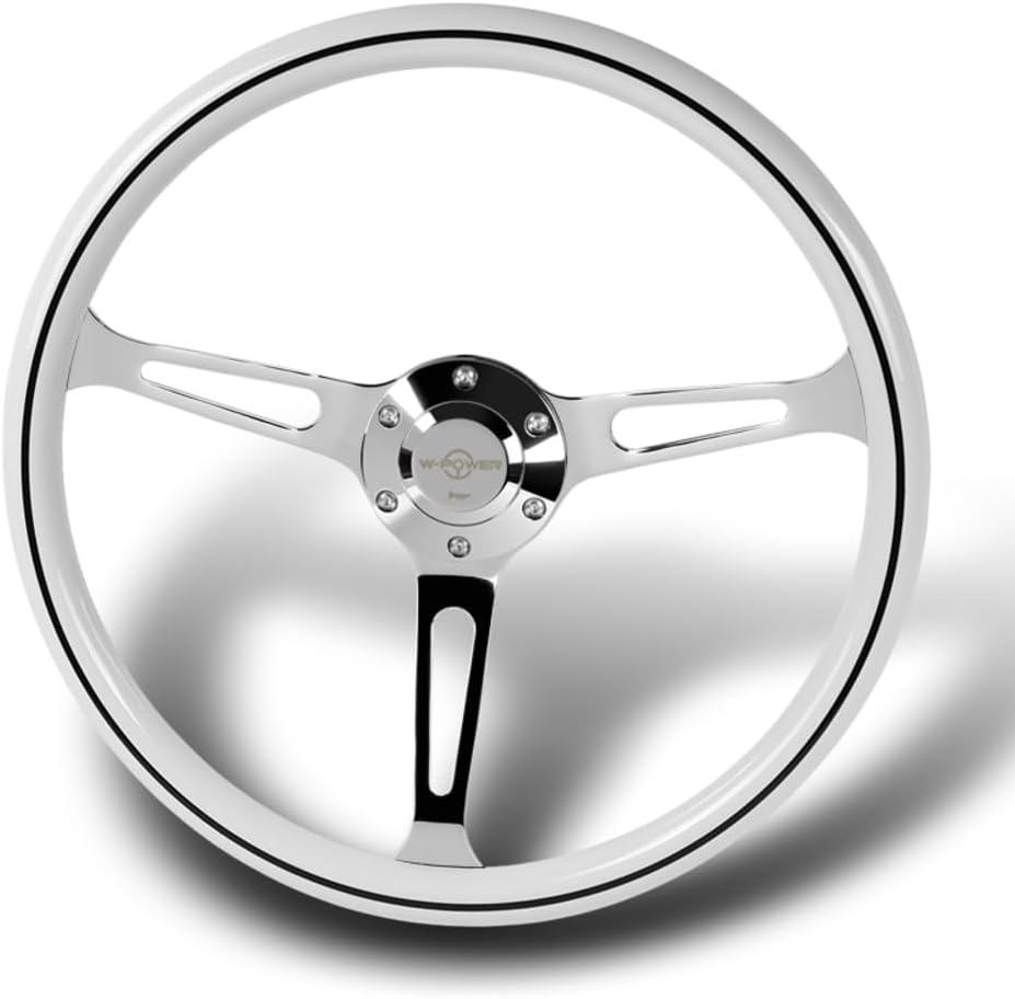 W-Power, 15' Reinforced 380mm 6 Bolt Hole Aluminum Finised White Wood Grain Trim Steering Wheel, Chrome Horn Button JDM Euro VIP Style, 3' Deep (White Wood Grain/Chrome Spoke)