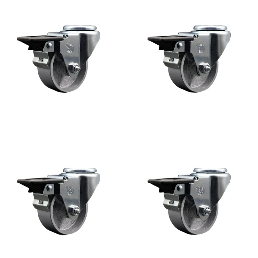 Semi Steel Cast Iron Swivel Bolt Hole Caster Set of 4 w/3' x 1.25' Silver Wheels - Includes 4 Swivel with Posi Lock Brakes - 1200 lbs Total Capacity - Service Caster Brand