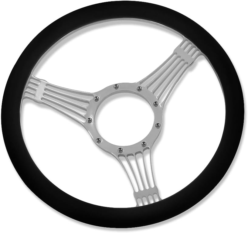 Chrome 14' Billet Aluminum 9 Holes Steering Wheel Banjo Style with Black Leather Half Wrap & Smooth Horn Button & Adapter