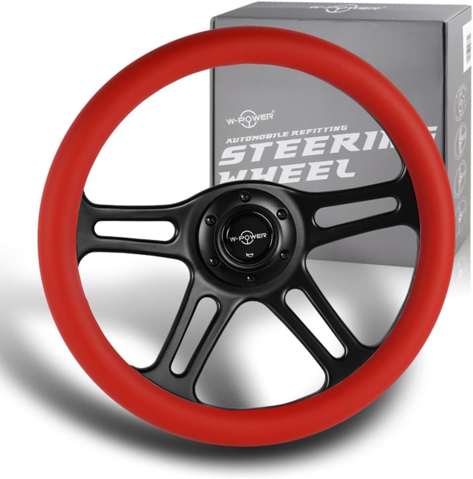 W-Power, 14' Universal 350mm 6 Bolt Hole Vintage Style with Aluminum Polished Special Leather Grip Steering Wheel, Black Horn Button, 4-Spoke (Red Leather/Black Spoke)