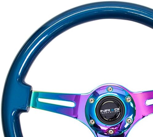 NRG Innovations NRG-ST-015MC-BL Steering Wheel - 350mm 25mm Deep Configuration, Classic Wood Grain Wheel, 3 Neochrome Spokes- Blue Pearl/Flake Paint