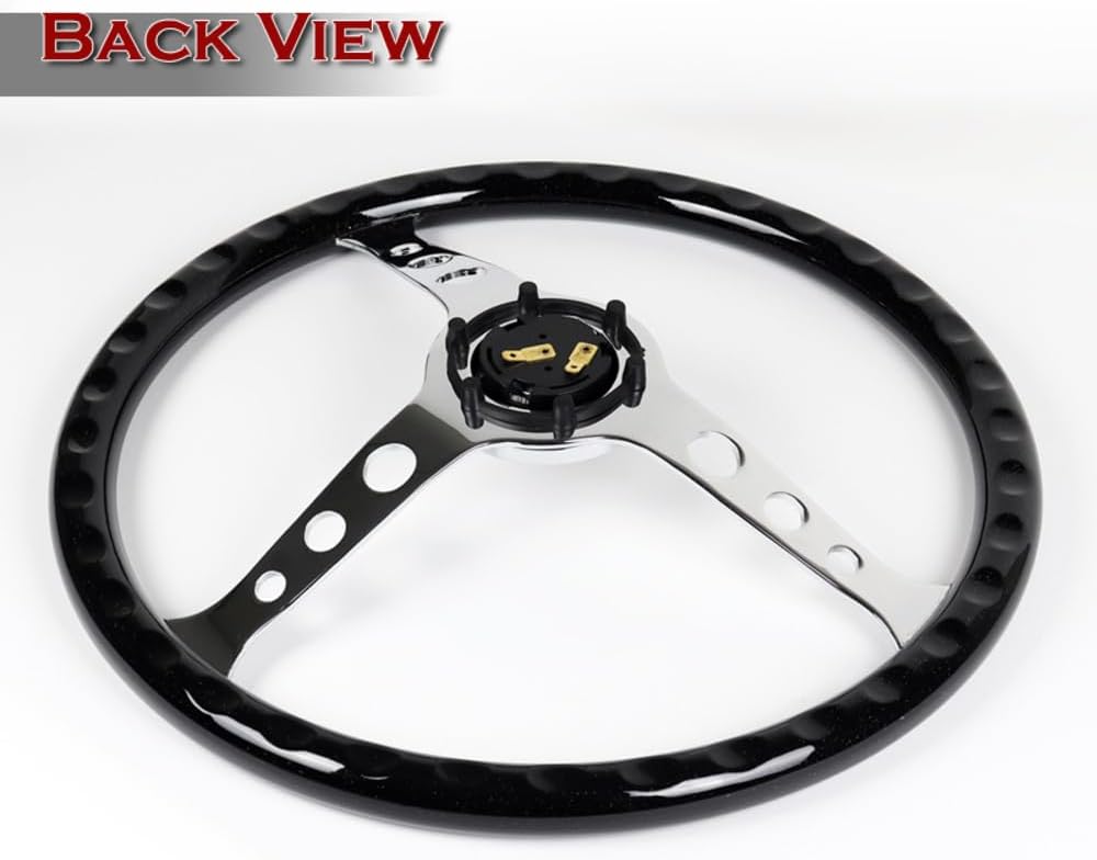W-Power 15' Reinforced 380mm 6 Bolt Hole Aluminum Finished Wood Grain Trim Steering Wheel, Black Horn Button JDM Euro VIP Style, 3' Deep (Wood Grain/Chrome Spoke)