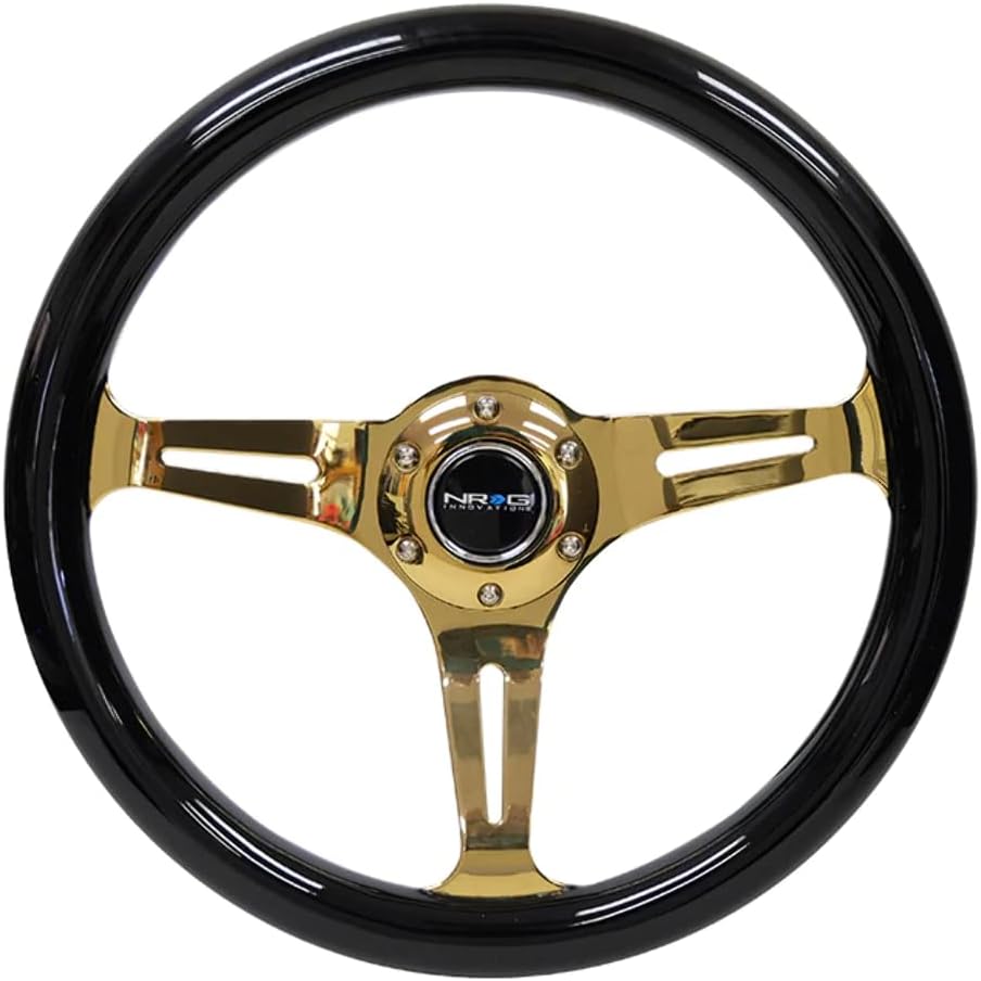 NRG Innovations NRG-ST-015CG-BK Steering Wheel - 350mm 25mm Deep Configuration, Classic Black Wood Grain Wheel with 3 Chrome Gole Spokes/Black Grip
