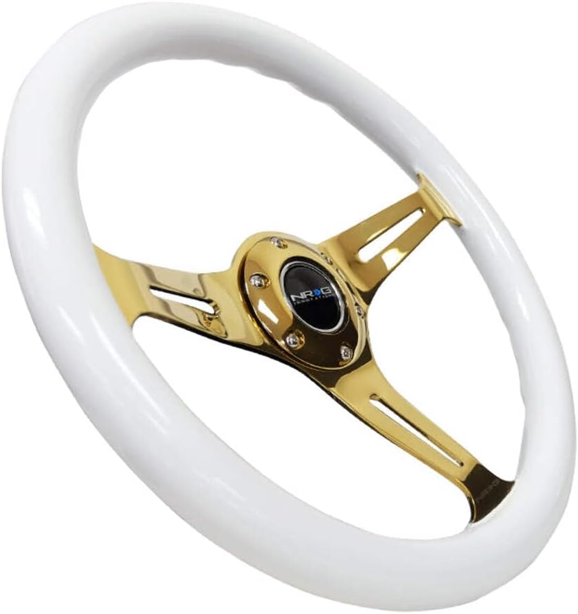 NRG Innovations NRG-ST-015CG-WT Steering Wheel - 350mm 25mm Deep Configuration 3 Chrome Gold Spokes Classic White Wood Grain Wheel/White Grip