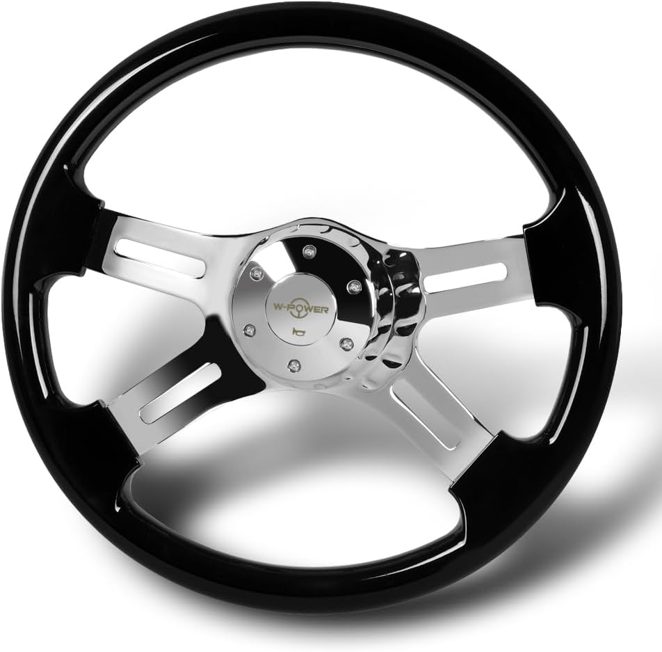 W-Power, 16' Universal 406mm 5 Bolt Hole 2 Inches Deep with Aluminum Polished Vintage Style Wood Grip Steering Wheel, Chrome Horn Button (Black Wood Grip/Chrome Spokes)