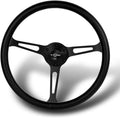 W-Power, 15' Reinforced 380mm 6 Bolt Hole Aluminum Finised Black Wood Grain Trim Steering Wheel, Black Horn Button JDM Euro VIP Style, 3' Deep (Black Leather/Matt Black Spoke)