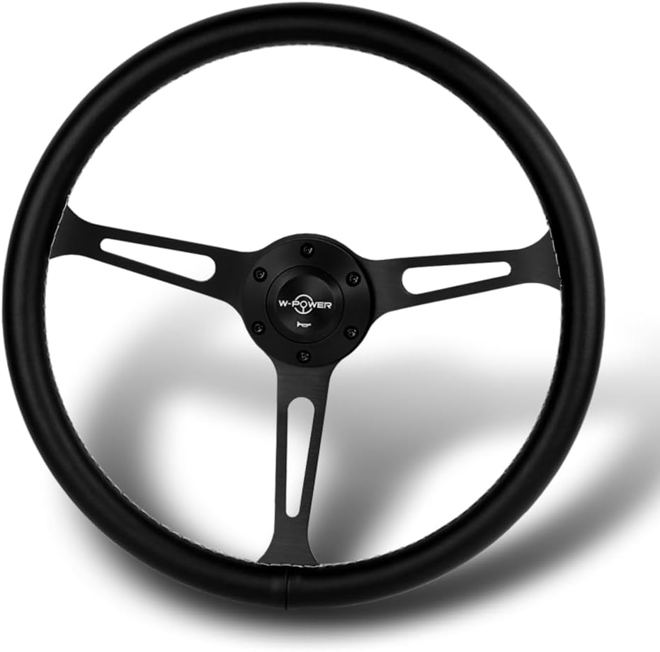 W-Power, 15' Reinforced 380mm 6 Bolt Hole Aluminum Finised Black Wood Grain Trim Steering Wheel, Black Horn Button JDM Euro VIP Style, 3' Deep (Black Leather/Matt Black Spoke)