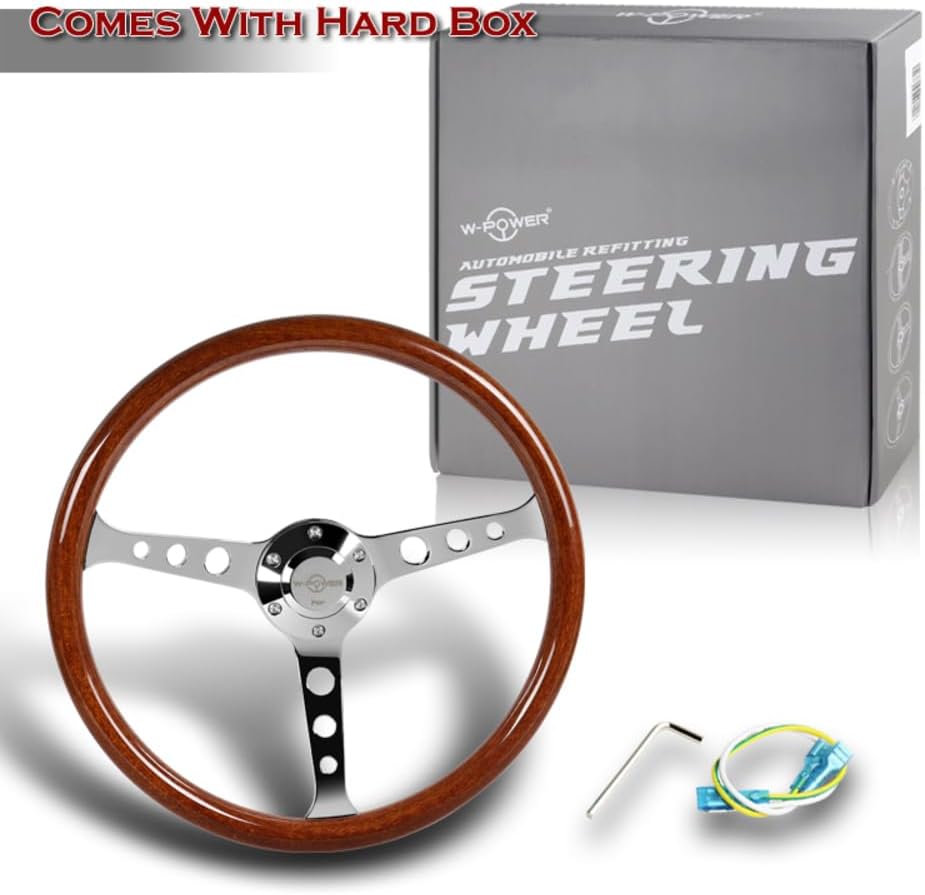 W-Power, 15' Reinforced 380mm 6 Bolt Hole Aluminum Finised Brown Wood Grain Trim Steering Wheel, Chrome Horn Button JDM Euro VIP Style, 3' Deep (Brown Wood Grain/Chrome Spoke)