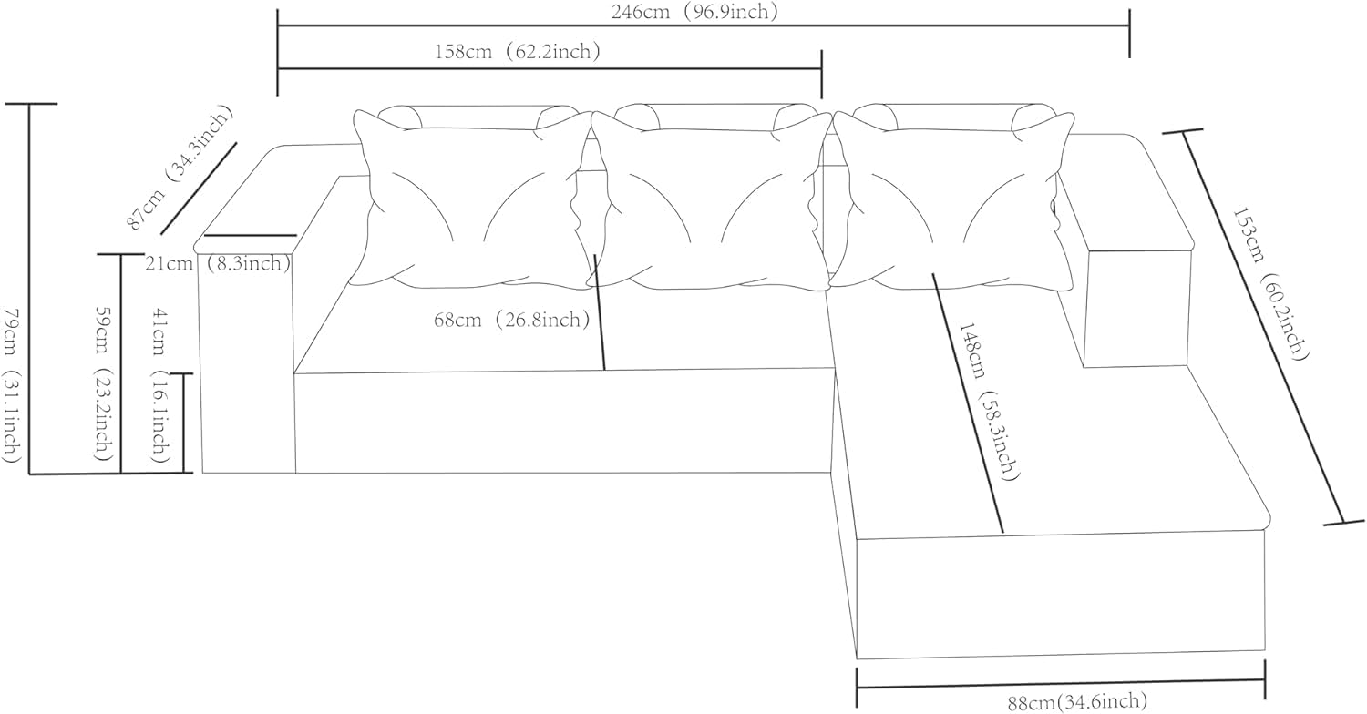 97' Cloud Couch Sectional, L Shaped Boneless Couch Sectional Couches for Living Room, Modern Comfy Corduroy Fluffy Modular Sofa with Deep Seat, No Assembly (Black, Right Facing Chaise)