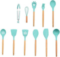 Silicone Cooking Tools Kitchen Utensils Set Accessories with Storage Box Tong Spatula with Wood Handle Cookware Kitchen Gadgets Tools Set (Color : Green 10PCS A) (Mint Green 11pcs)