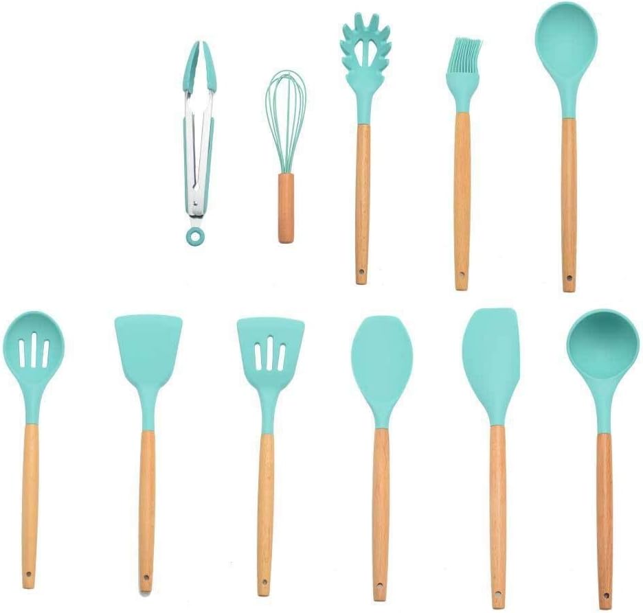 Silicone Cooking Tools Kitchen Utensils Set Accessories with Storage Box Tong Spatula with Wood Handle Cookware Kitchen Gadgets Tools Set (Color : Green 10PCS A) (Mint Green 11pcs)
