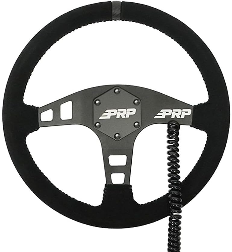 PRP Seats Flat Suede Heated Steering Wheel - 13' Dia with Flat Dish, 6-Bolt Pattern, 12V Integrated Heaters, Matte Black Aluminum - for Off-Road Builds, UTV, Buggy (Black)