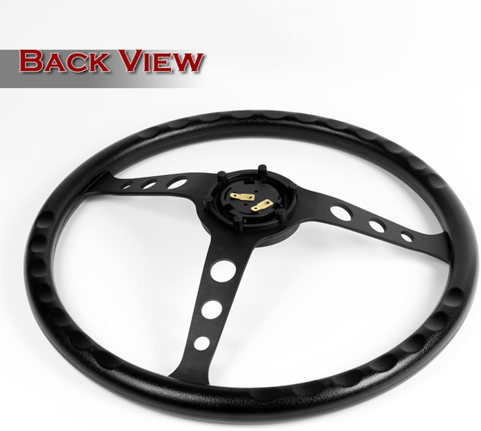 W-Power 15' Reinforced Aluminum Steering Wheel, Black Vinyl Wrap Trim, 380mm 6 Bolt Hole, JDM Euro VIP Style, 3' Deep, Matt Black Spoke, Horn Button (3-SW-8976-BK-G1)