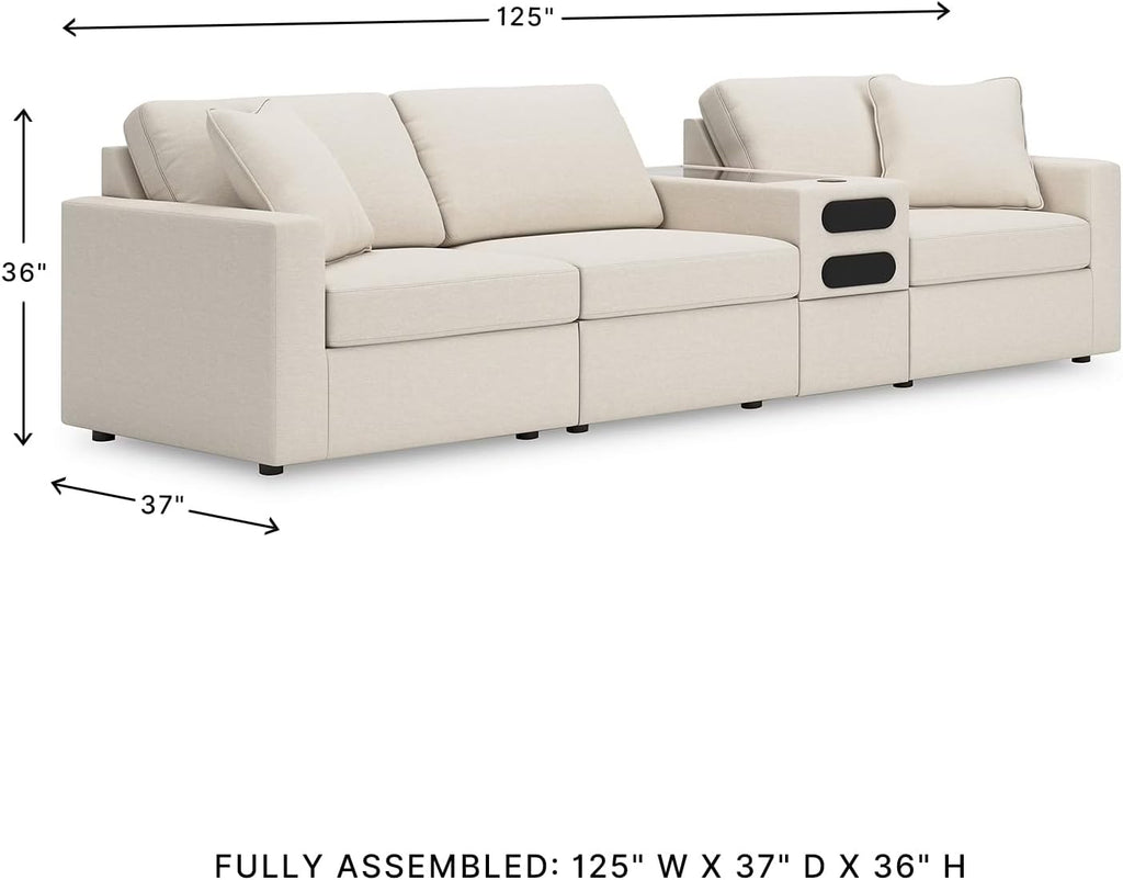Signature Design by Ashley Modmax Coastal Modular Stain Resistant 4-Piece Sectional with Audio Console, Drawer, USB Ports and 2 Accent Pillows, Beige