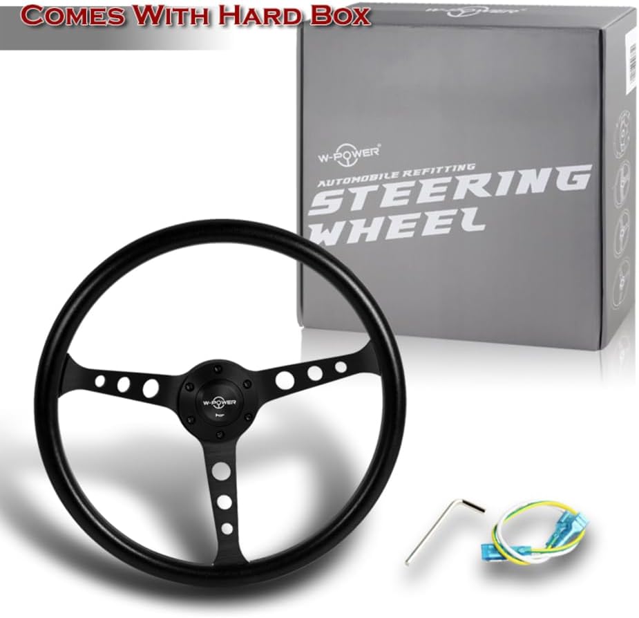 W-Power 15' Reinforced Aluminum Steering Wheel, Black Vinyl Wrap Trim, 380mm 6 Bolt Hole, JDM Euro VIP Style, 3' Deep, Matt Black Spoke, Horn Button (3-SW-8976-BK-G1)