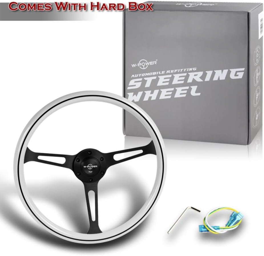 W-Power, 15' Reinforced 380mm 6 Bolt Hole Aluminum Finised White Wood Grain Trim Steering Wheel, Black Horn Button JDM Euro VIP Style, 3' Deep (White Wood Grain/Matt Black Spoke)
