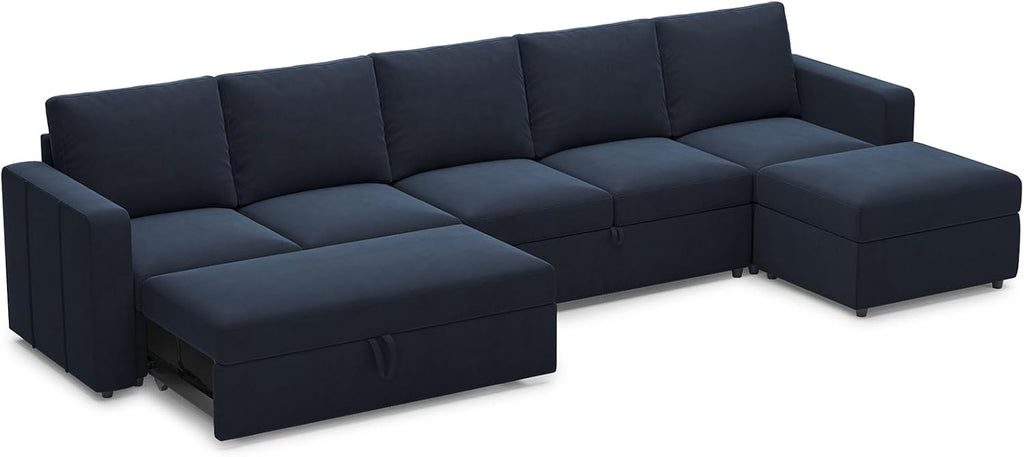 Belffin Modular Sectional Sofa with Sleeper Sofa Couch Pullout Bed, 133' L Shaped Sleeper Sectional Couch with Storage Seat for Living Room, Blue