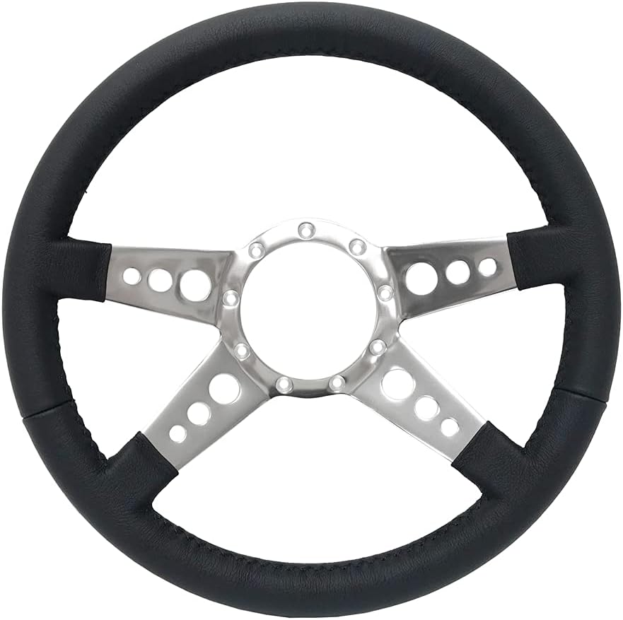 VSW S9 Premium Steering Wheel, Black Leather 9 Bolt 4-Spoke with Holes ST3071
