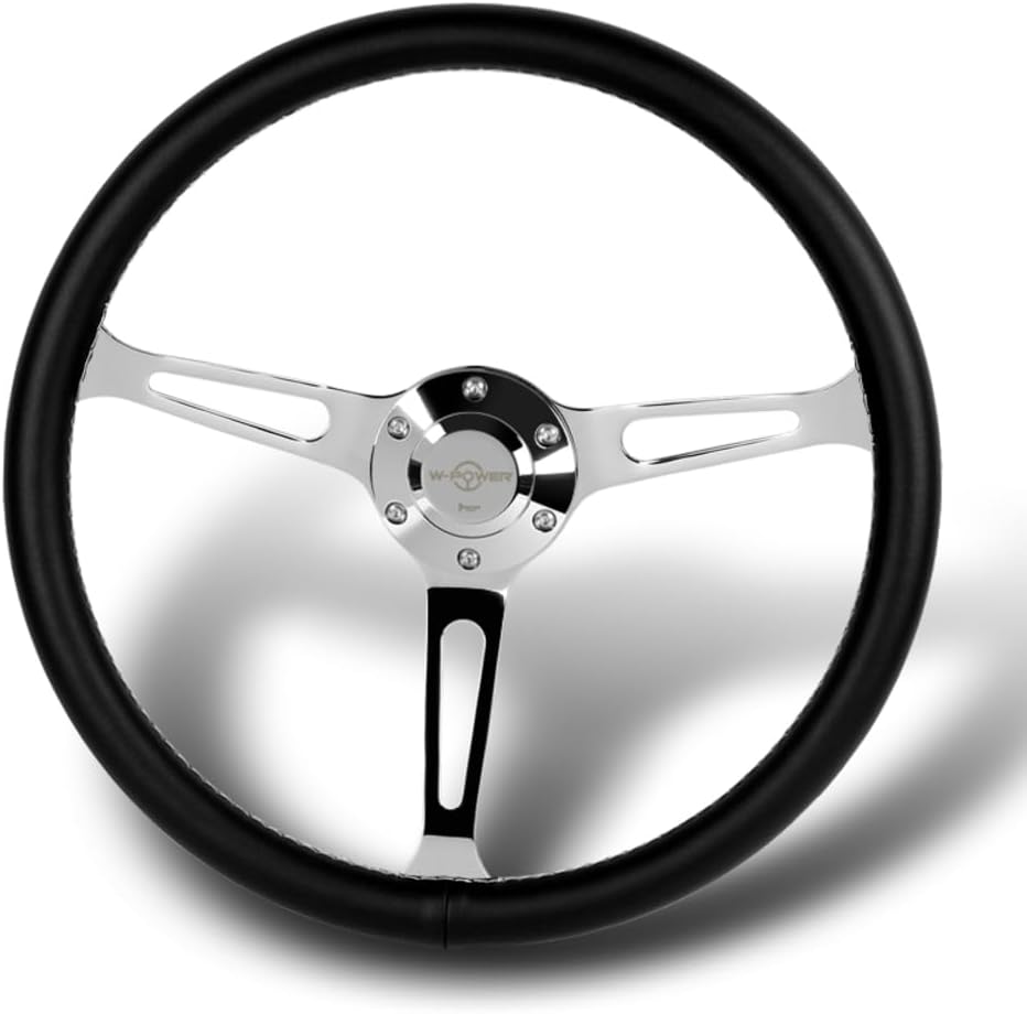 W-Power, 15' Reinforced 380mm 6 Bolt Hole Aluminum Finised Black Wood Grain Trim Steering Wheel, Black Horn Button JDM Euro VIP Style, 3' Deep (Black Leather/Chrome Spoke)