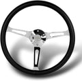 W-Power, 15' Reinforced 380mm 6 Bolt Hole Aluminum Finised Black Wood Grain Trim Steering Wheel, Black Horn Button JDM Euro VIP Style, 3' Deep (Black Leather/Chrome Spoke)