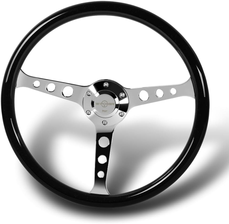 W-Power 15' Reinforced 380mm 6 Bolt Hole Aluminum Finished Wood Grain Trim Steering Wheel, Black Horn Button JDM Euro VIP Style, 3' Deep (Wood Grain/Chrome Spoke)
