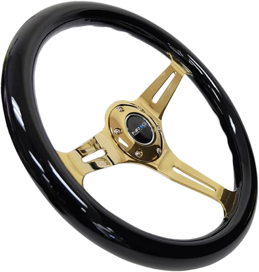 NRG Innovations NRG-ST-015CG-BK Steering Wheel - 350mm 25mm Deep Configuration, Classic Black Wood Grain Wheel with 3 Chrome Gole Spokes/Black Grip