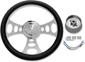 Chrome 14' Billet Aluminum 9 Holes Steering Wheel Cruisin Style with Black Leather Half Wrap & Smooth Horn Button & Adapter