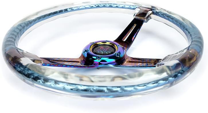 NRG Innovations NRG-RST-027GM-CL Reinforced Steering Wheel 350mm 2' Deep Dish Clear Acrylic Steering Wheel in Clear and Geometric NeoChrome Spoke Finish with Slits.
