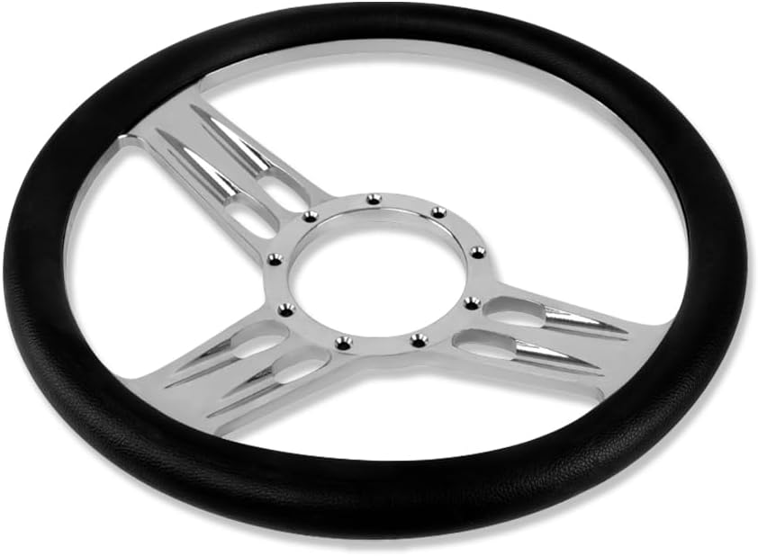 Chrome 14' Billet Aluminum 9 Holes Steering Wheel Bullet Style with Black Leather Half Wrap & Smooth Horn Button & Adapter