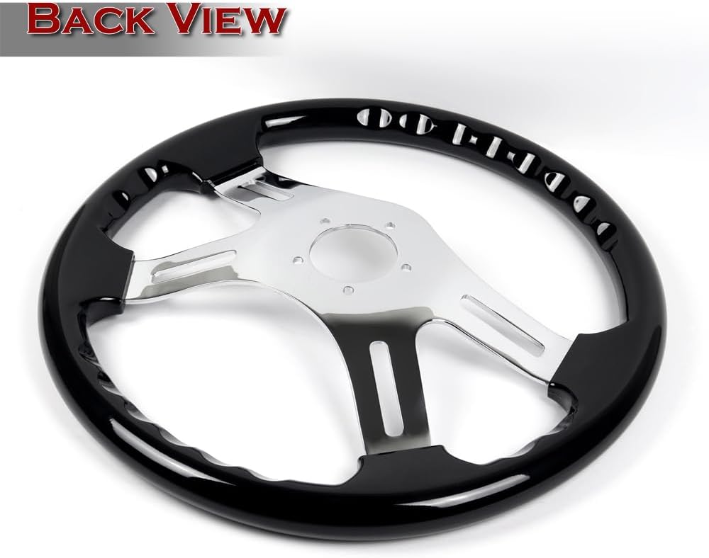 W-Power, 16' Universal 406mm 5 Bolt Hole 2 Inches Deep with Aluminum Polished Vintage Style Wood Grip Steering Wheel, Chrome Horn Button (Black Wood Grip/Chrome Spokes)