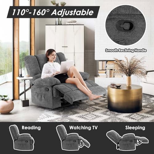 Oversized Rocker Recliner Chair, Wide Manual Recliner with Adjustable Backrest & Footrest, Comfortable Rocking Reclining Sofa for Living Room & Bedroom, Gray
