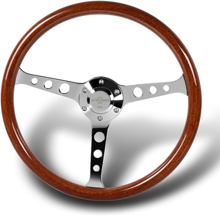 W-Power, 15' Reinforced 380mm 6 Bolt Hole Aluminum Finised Brown Wood Grain Trim Steering Wheel, Chrome Horn Button JDM Euro VIP Style, 3' Deep (Brown Wood Grain/Chrome Spoke)