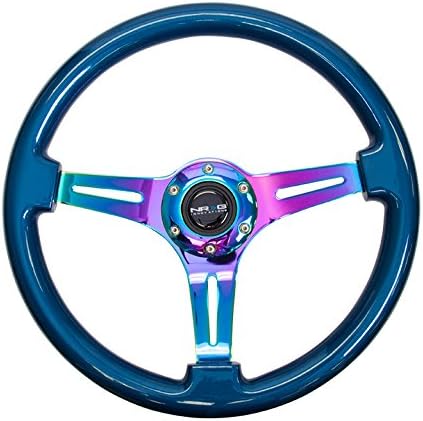 NRG Innovations NRG-ST-015MC-BL Steering Wheel - 350mm 25mm Deep Configuration, Classic Wood Grain Wheel, 3 Neochrome Spokes- Blue Pearl/Flake Paint