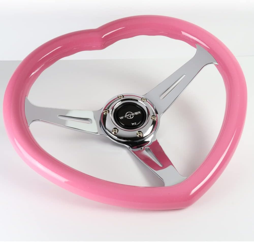 W-Power,13.5' Universal 343mm 6 Bolt Hole 3-Inche Deep Dish Aluminum Polished Heart-Shaped with Wood Grip Steering Wheel, Black Horn Button JDM Euro VIP Style, 3-Spoke (Pink)
