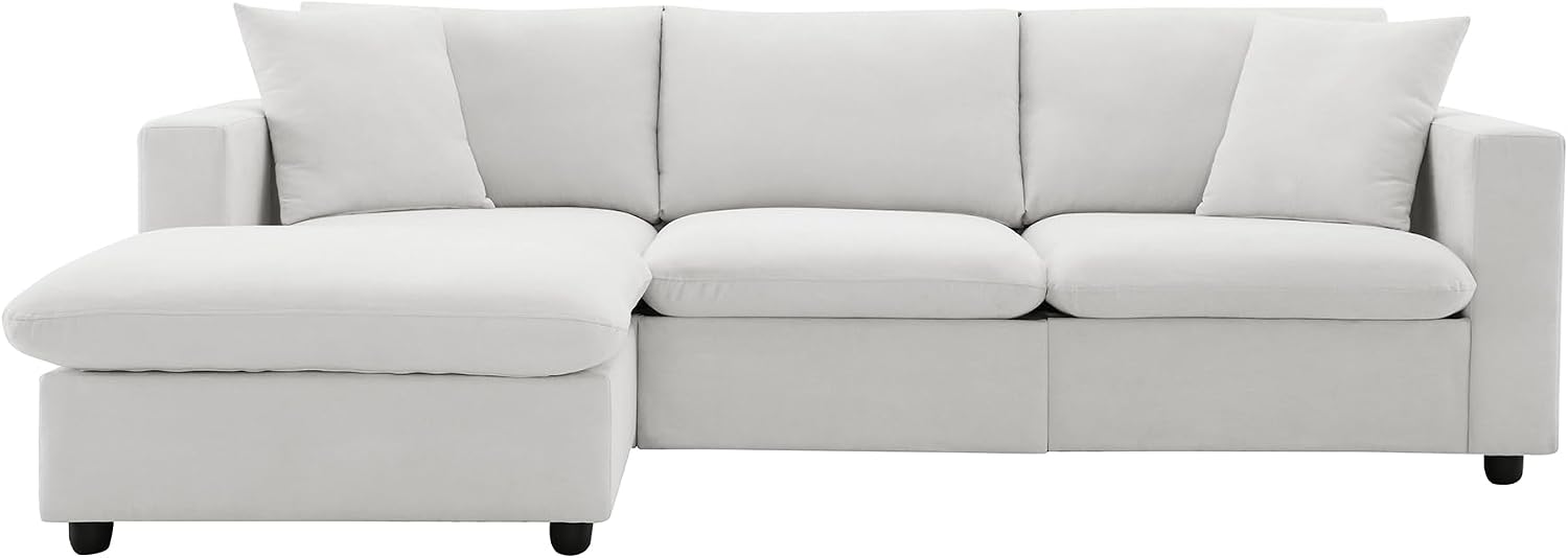 Tmsan 100.4' Modular Sectional Sofa Cloud Couch for Living Room, Modern Convertible L Shaped Couch Set with Ottoman, 4 Seater Polyester Fabric Sofa with 2 Pillows for Apartment Office (White)