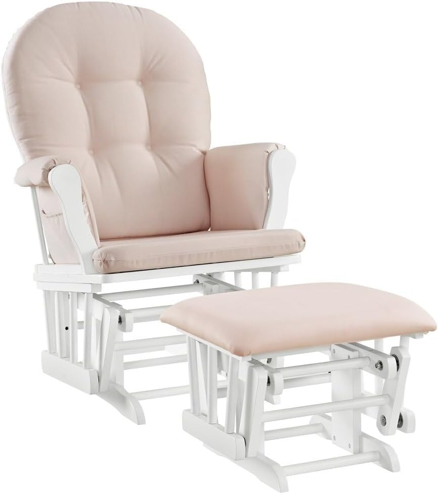 HomeStock Glider and Ottoman Set - Padded Arms, Storage Pockets, Metal Bearings White and Pink
